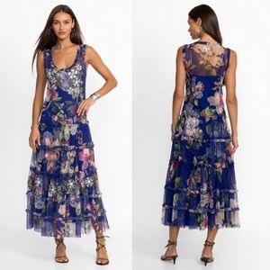 Johnny Was BIYA Mazzy Multi Ruffle Mesh Midi Dress Size XL
